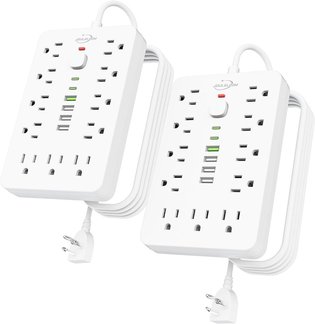 2 Pack 6 FT Flat Plug Surge Protector Power Strip,11 Multiple AC Outlets with 6 USB Ports (2 USB C), 6 Feet Extension Cord, 1250W/10A, One Touch Switch Button, 17 in 1 Compact powerstrip (White)
