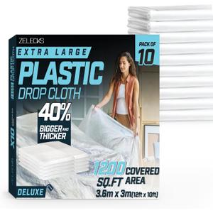 12 x 10 FT 10 Pack Extra Large Painters Plastic Drop Cloth Painting Sheet - Light and Durable Dust Cover - Clear Plastic Sheet-Plastic Sheeting - Paint Drop Cloth - Floor Protector