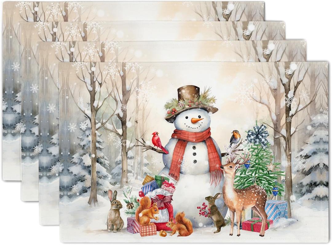 Winter Snowman Placemats Set of 4 Winter Forest Seasonal Place Mats 12 x 18 Inch Waterproof Seasonal Xmas Vinter Heat Resistant Table Mats for Snowflakes Holiday Party Home Kitchen Dining Decoration