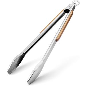 Wood-Handled Grill Tongs, 19.5"/50cm Extra Long BBQ Tongs, Heavy Duty Premium Stainless Steel Metal Tongs with Solid Wood Handles, for Charcoal, Grilling, BBQ, Barbecue, Cooking