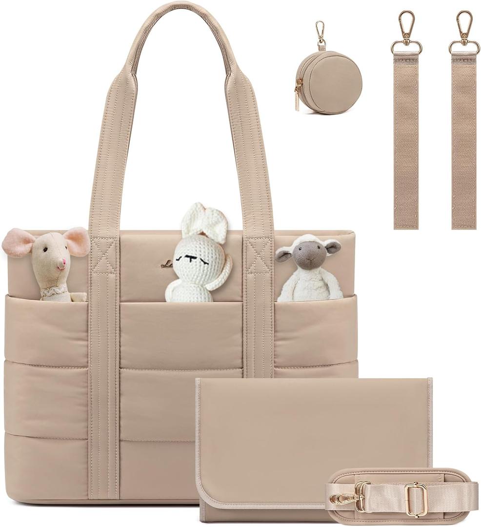 LOVEVOOK Diaper Bag Tote, 15.6inch Puffer Baby Diaper Bag Waterproof Travel Diaper Tote with Changing Pad Pacifier Case (Khaki)