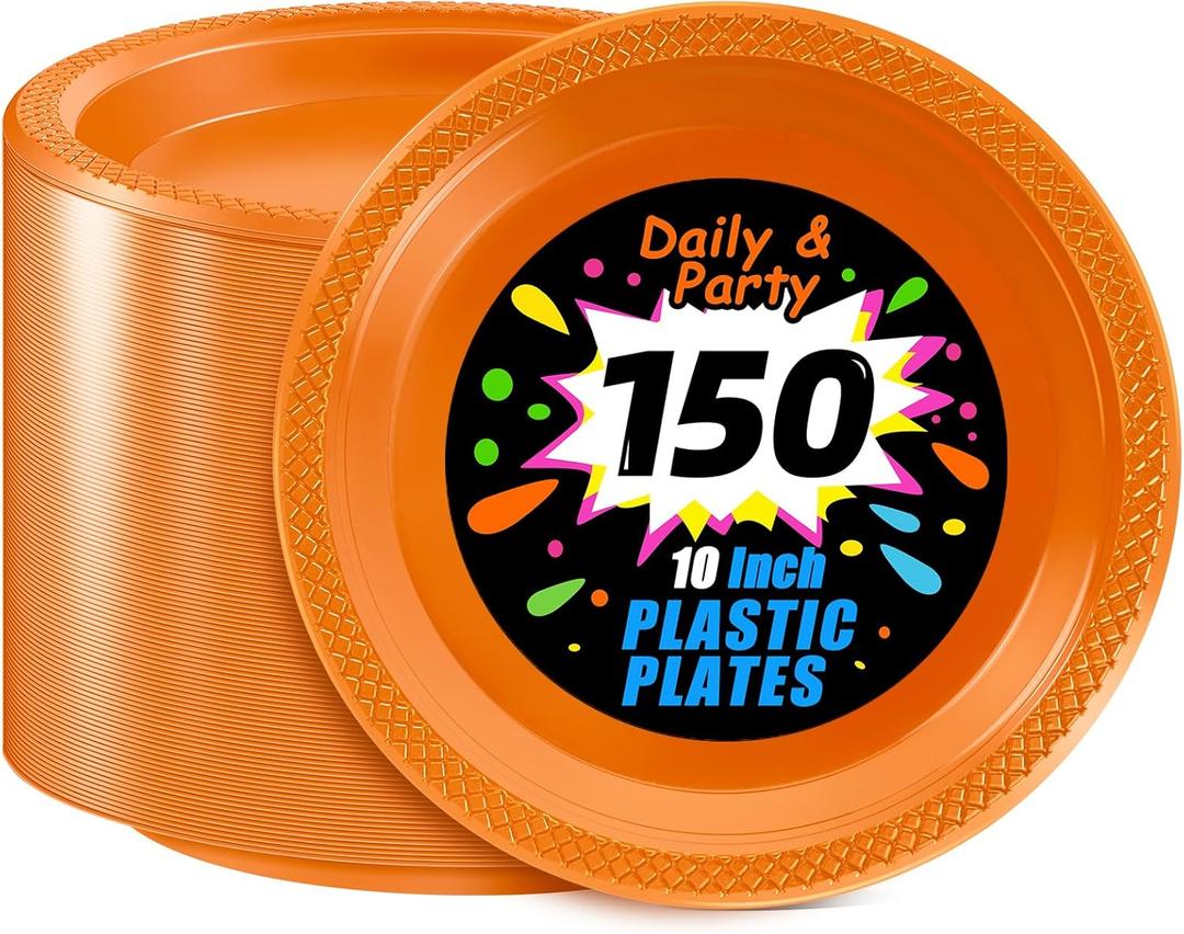 WELLIFE Orange Party Plates 10 Inch -150 Count, Plastic Disposable Dinner Plates for Party Easter Halloween Thanksgiving Picnic BBQ