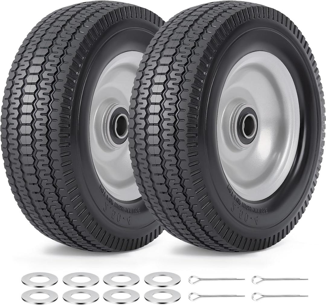 8 Solid Tires, 2.5-4 Flat Free Tires and Wheels with 5/8 Axle Bore Hole and Double Sealed Bearings Compatible with Hand Truck Wheelbarrow Tire Lawn Mower Tire (Silver, 2PCS) P-123