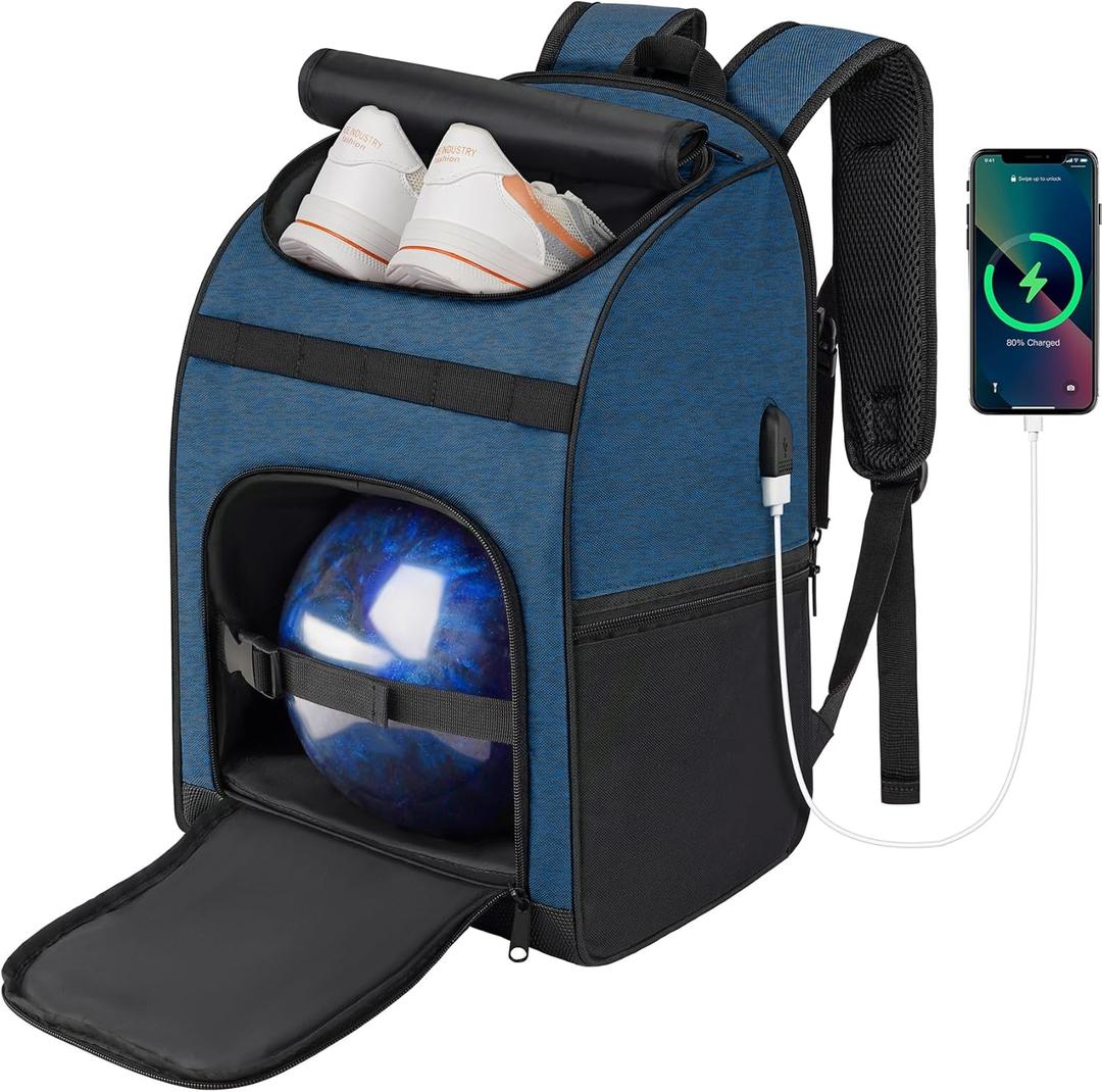 Bowling Backpack, Single Bowling Ball Bag with Shoe Bag Up to Size 16, Bowling Accessories Gifts for Bowling Lovers,Bowling Bag with Padded Ball Holder(BLACK) (Blue)