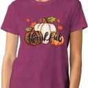 Thanksgiving Shirts for Women Thankful T-Shirt Fall Tee Tops (Pink, XL)