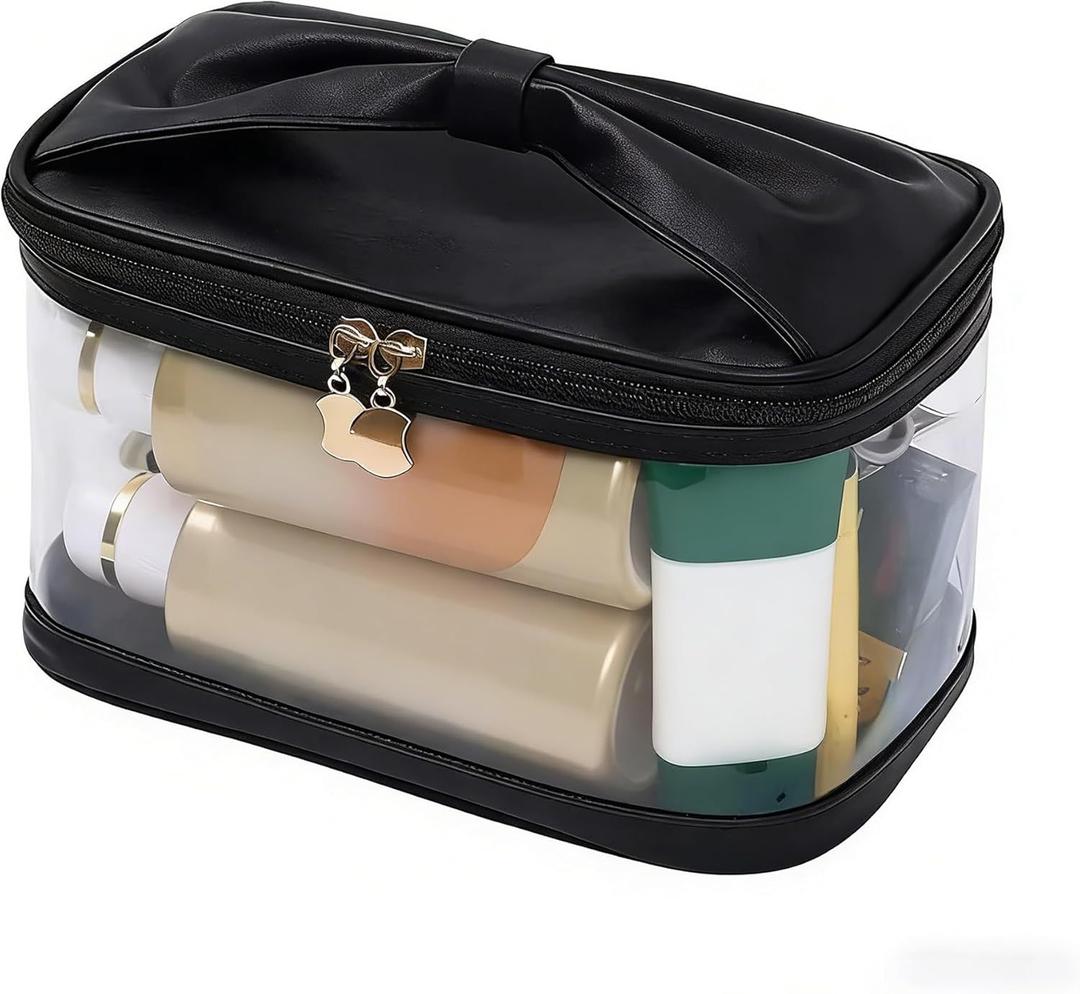 Large Clear Makeup Bag with Handle, Waterproof Transparent Cosmetic Organizer - Big Toiletry Pouch for Travel & Daily Use - Ideal for Women, Girls to Store Skincare, Beauty EssentialsBlack