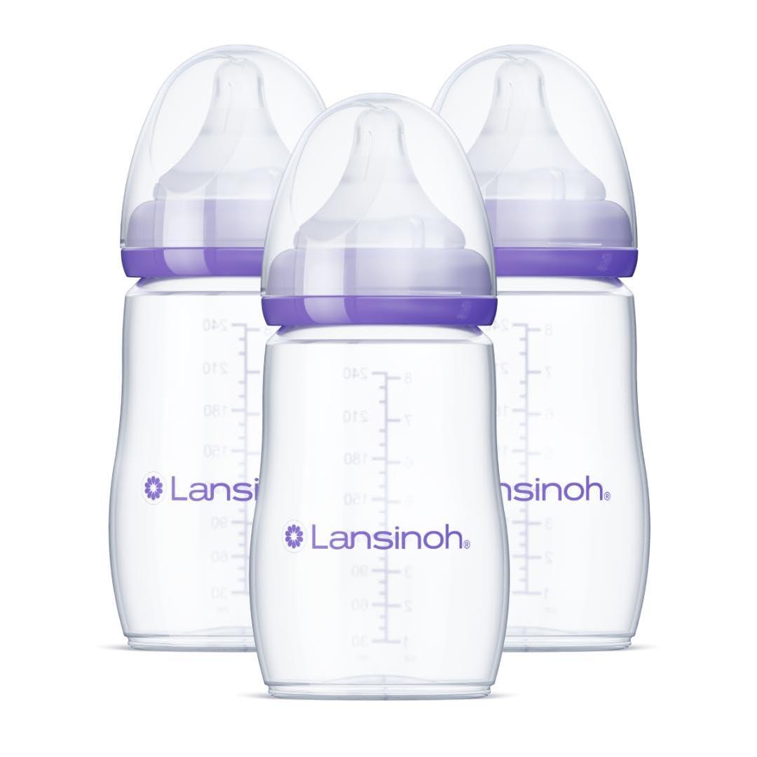 Lansinoh Anti-Colic Baby Bottles, BPA-Free Plastic, 8 Ounces, 3 Count, Medium Flow Nipples (Size M), Breastfeeding Bottle with NaturalWave Design
