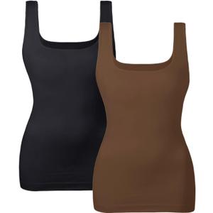 EUYZOU Women's Tummy Control Shapewear Tank Tops Seamless Square Neck Compression Tops Slimming Body Shaper Camisole (Large, Black/Coffee 2pk)