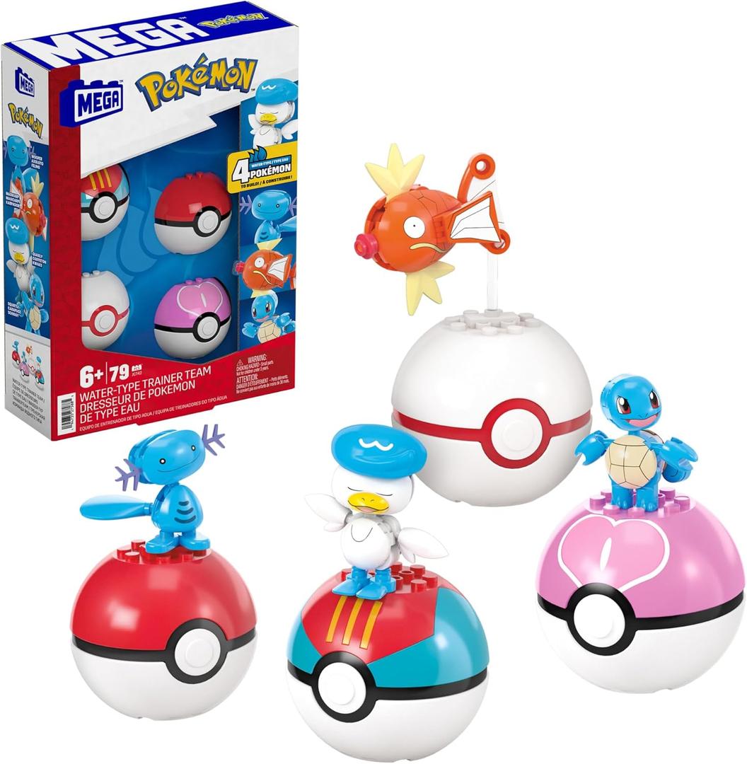 MEGA Pokmon Action Figure Building Toys Set, Water-Type Trainer Team with 79 Pieces, 2 Inches Tall, for Kids
