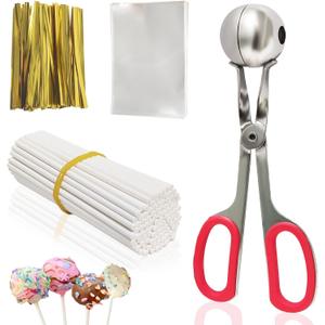 Cake Pop Sticks and Wrappers, Cake Pop Maker Set Include 100 Cake Pop Bags, Lollipop Sticks and Gold Metallic Twist Ties Meat Baller with One Handles Cake Pops Making Tools for Candies and Chocolates