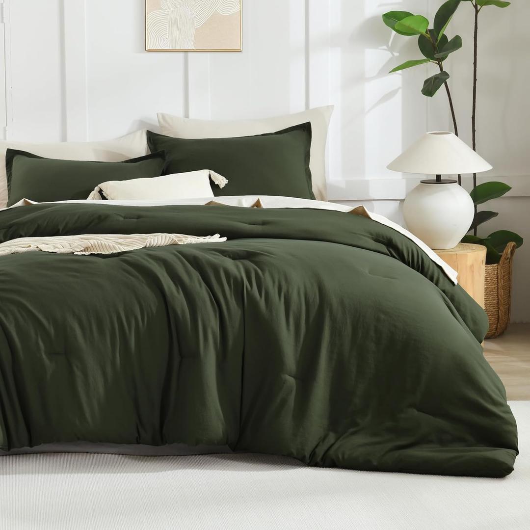 Litanika Dark Olive Green Comforter Set King, 3 Pieces Solid Bedding Comforter Set, All Season Fluffy Bed Set (104x90In Comforter & 2 Pillowcases) (King (104"x90"), 06 - Olive Green)