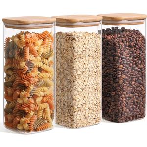 ComSaf 1.9 Qt Glass Storage Containers with Lids, Glass Jars with Lids, Clear Food Storage Jar, Square Canister Set of 3, Pantry Organizers and Storage for Flour Rice Pasta Tea Coffee Bean