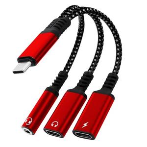 caojunzhen 1 in 3 USB C to Type-C Charging and Type-C Headphones Plus 3.5mm Headphones PD 60W Charging Adapter, Compatible with GalaxyS22, iPad Pro, Pixel, iPhone 16 15, etc.（red）