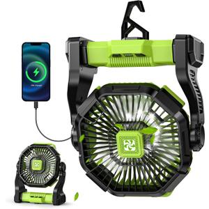 Battery Powered Fan -Lash Fans with Led Lantern, Portable Rechargeable, Battery Operated for Mobile Phone, Hook 4 Speed Quiet Personal for Desk Fan, Travel, Fishing, Power Outage, Hurricane-Green (12000mAh)