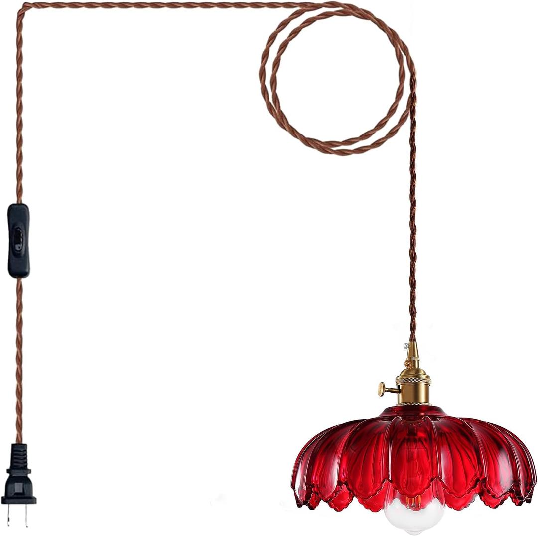 Plug in Pendant Light: Hanging Light Plug in Fixture Red Glass Hanging Lamp, Pendant Lighting for Kitchen Island, Bedroom, Dining Room, Living Room, E26 No Bulb