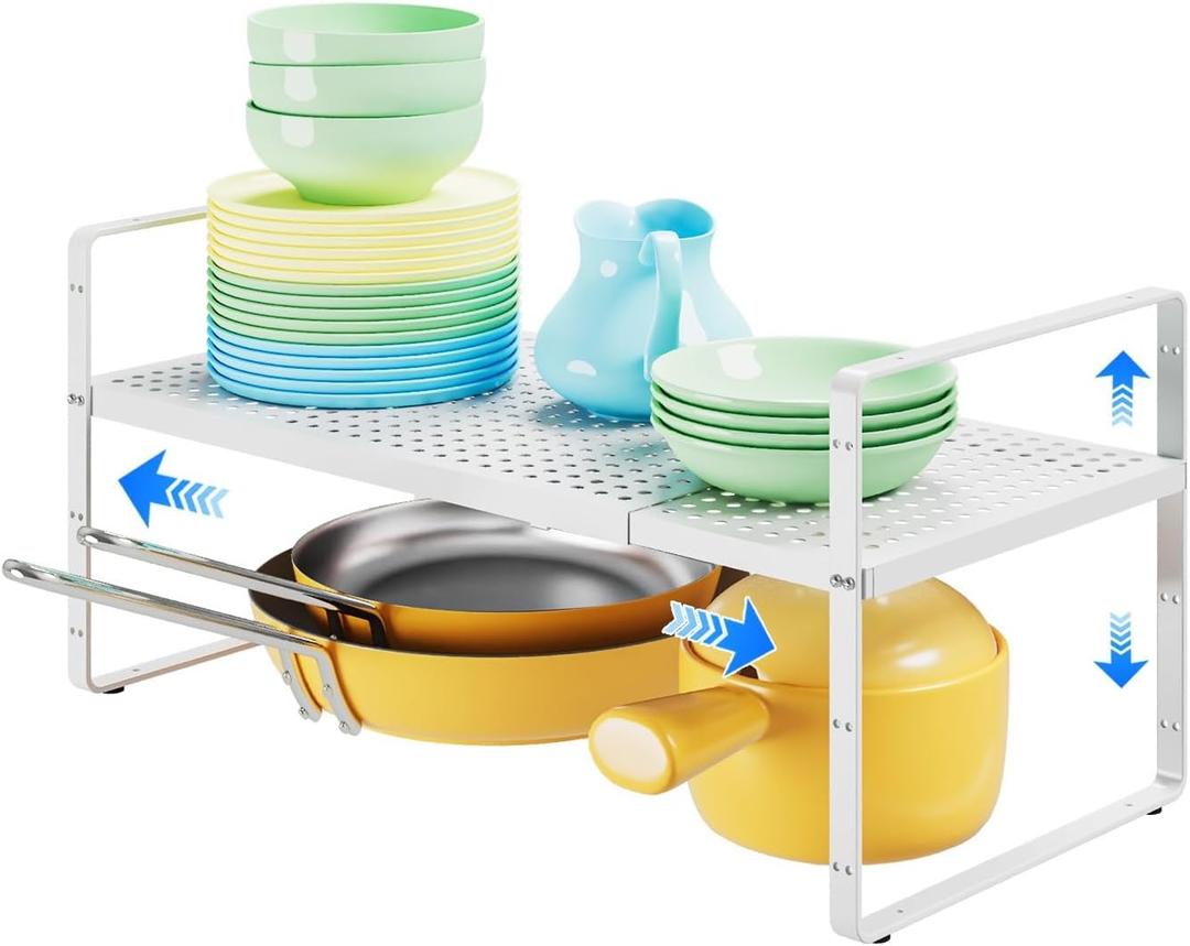 Expandable Cabinet Shelf Organizers, Kitchen Small Stand Rack Organization for Countertop Cupborad Pantry Desktop Spice Rack, White 1 Pack