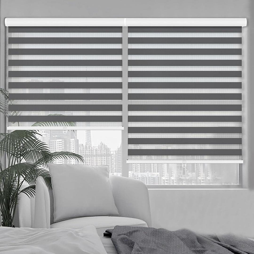 Kokorona Zebra Blinds Roller Shades Cordless Window Blinds with Valance Cover, Day and Night Sheer Shades Dual Layer Fabric for Light Control Light Filtering Privacy, Dark Grey, 33" W X 72" H