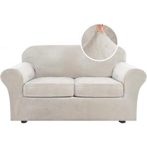 H.VERSAILTEX Real Velvet Plush 3 Piece Stretch Sofa Covers Couch Covers for 2 Cushion Couch Loveseat Covers Width Up to 72 Inch Thick Stay in Place (Medium Sofa, Oatmeal)