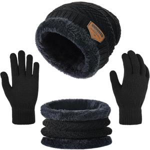 Kids Winter Beanie Hat Scarf Touchscreen Gloves Set for Boys Girls 5-15 Years Warm Skull Cap Fleece Lined Knitted Hat (Black)