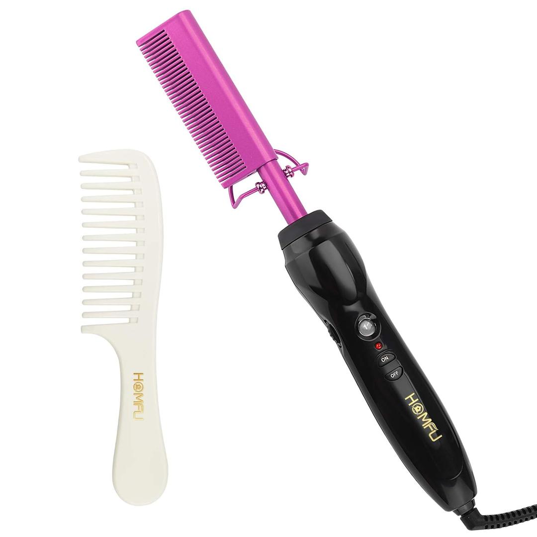 Electric Hot Comb Hair Straightener Heat Pressing Comb Curling Flat Iron Curler Hair Straightener Brush for Natural Black,Anti-Scald Beard Straightening Electric Press Comb (Violet)