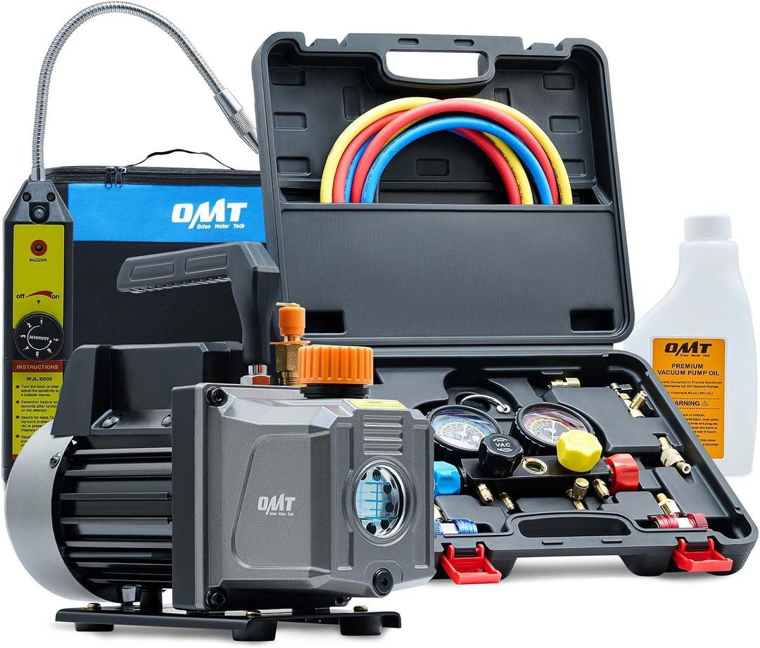 Orion Motor Tech AC Vacuum Pump and Gauge Set, 1/3 hp 4 cfm Vacuum Pump Manifold Gauge Kit with Leak Detector 4 Hoses & Accessories for R134a R22 R410a, A/C Vacuum Pump Kit for Auto HVAC Systems