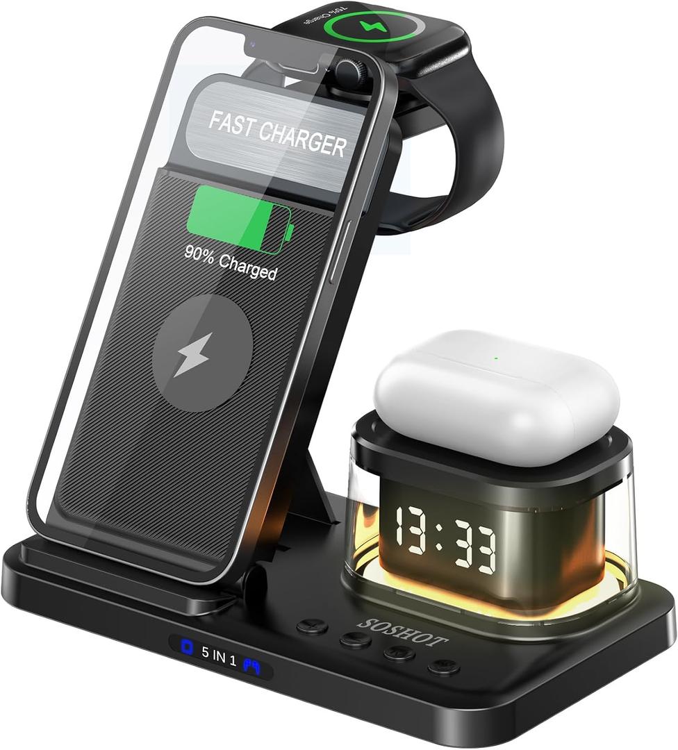 SOSHOT 5 in 1 Wireless Charger with Clock Night Light Alarm Clock for Apple Devices for iPhone 15 14 13 12 11 Pro Max Apple Watch for Apple Watch - Black