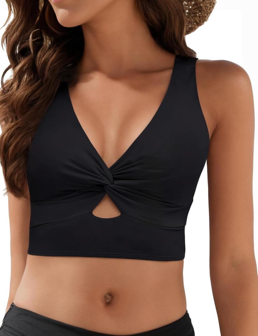 Bikini Tops for Women Tankini Tops Cropped Knot Twist Cut Out Adjustable Swimsuit Top Beach Bathing Suit Top Only (Large, Black)