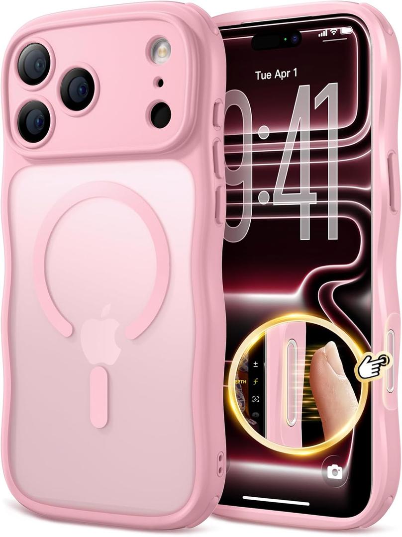 for iPhone 17 Pro Max Case for Women Girls,【Compatible with MagSafe】,【Camera Control】,【Full Camera Protection】, Cute Wave Magnetic Phone Case for iPhone 17 Pro Max,Light Pink