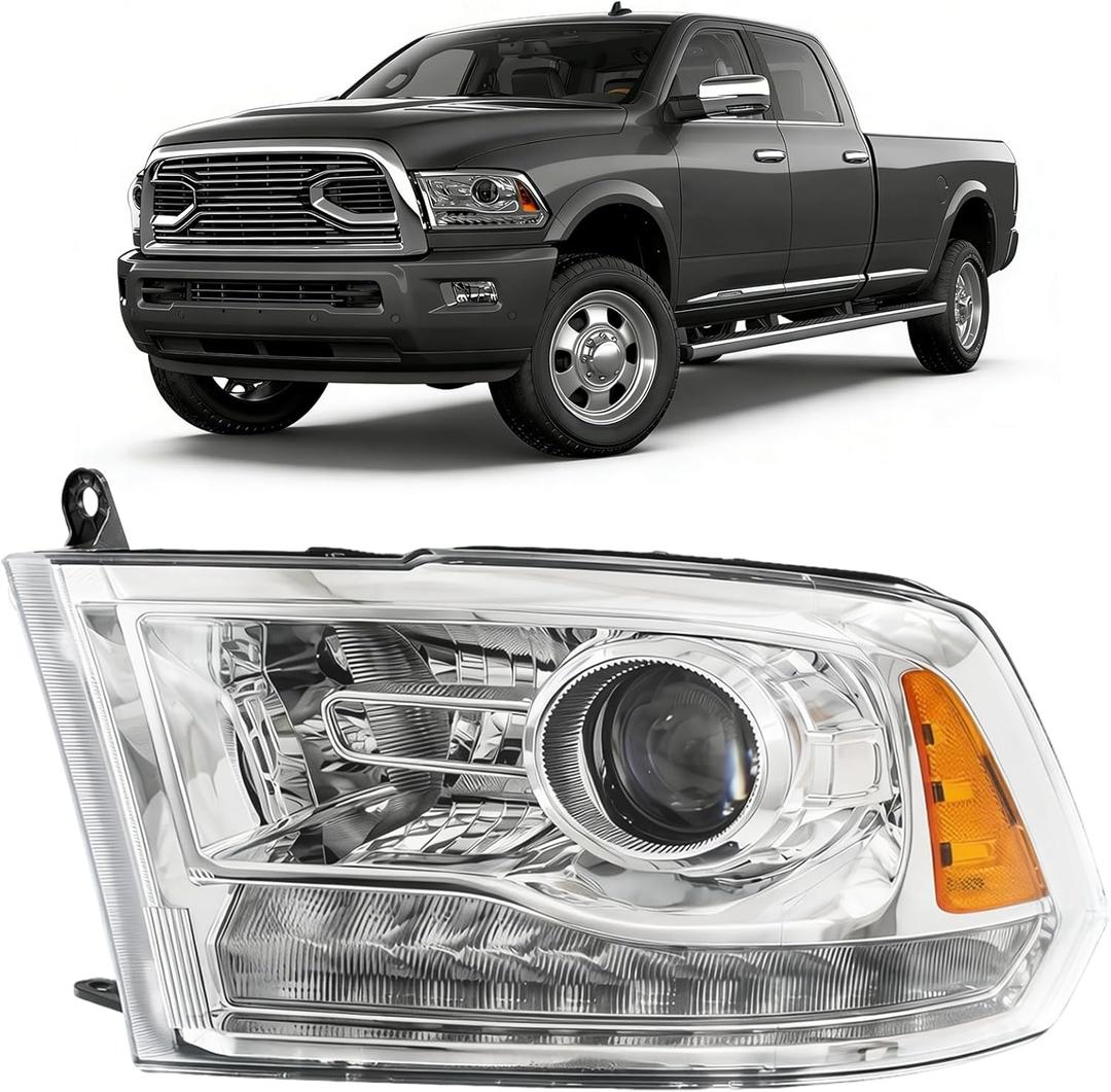 Driver Side Halogen Headlight Assembly Compatible With Dodge Ram 1500 2500 3500 2013-2018 Left Driver Side Headlamp assembly Chrome Trim w/Bulbs Replaces # 68093217AD (Left)