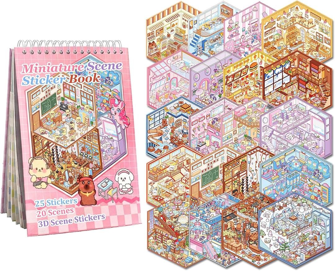 20 Sets 3D Sticker Scenes for Kids, Create Your Own Scene Sticker Book, Cute Kawaii Mini 3D Scene Stickers, Therapy Stickers for Stress Relief, Fun Party Favors Gifts for Holiday Christmas