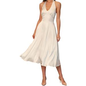 Formal Wedding Guest Dress for Women Satin Halter Midi Backless A-Line Adjustable Waist Flowy Summer (XS)