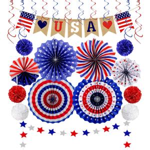 26Pcs Patriotic Decorations 4th of July Decorations LOVE USA Banner Red White Blue Paper Fans Star Streamer Pom Poms Hanging Swirls for Veterans Labor Presidents Flag Memorial Day