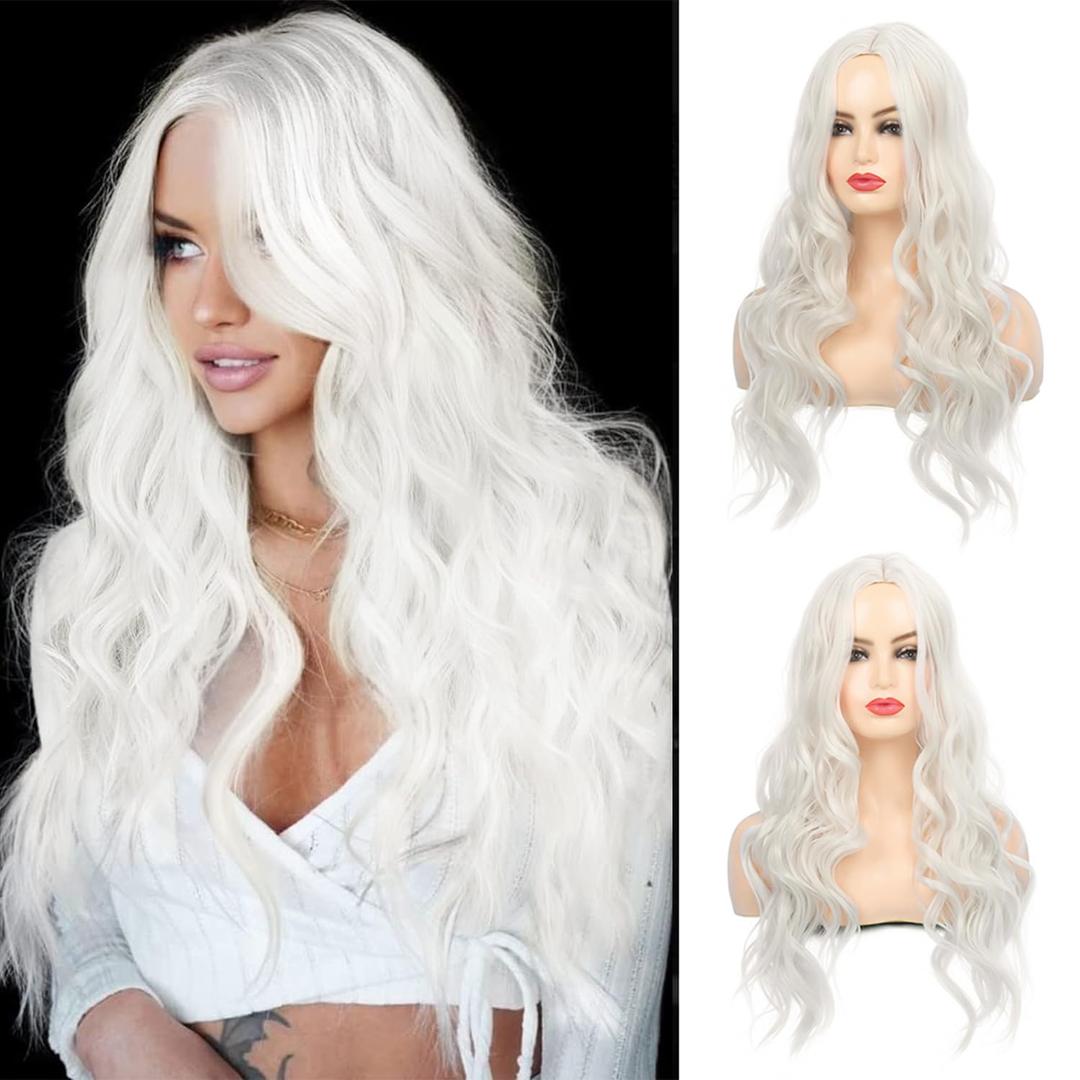Sallcks Womens White Wig Long Curly Wavy Cosplay Middle Part Synthetic Heat Resistant Costumes Wig for Daily Party Halloween