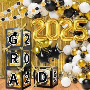 107 Pcs Black and Gold Graduation Decorations Class of 2025 - Graduation Balloon Boxes, Balloon Arch Garland Kit, Fringe Curtains, Party Decorations 2025 for Any Grades