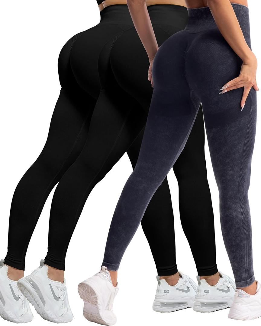 CHRLEISURE Workout Leggings Sets for Women, Gym Scrunch Butt Butt Lifting Seamless Leggings 3 Piece (XX-Large, 3 Packs - Black/Black/Washed Black)