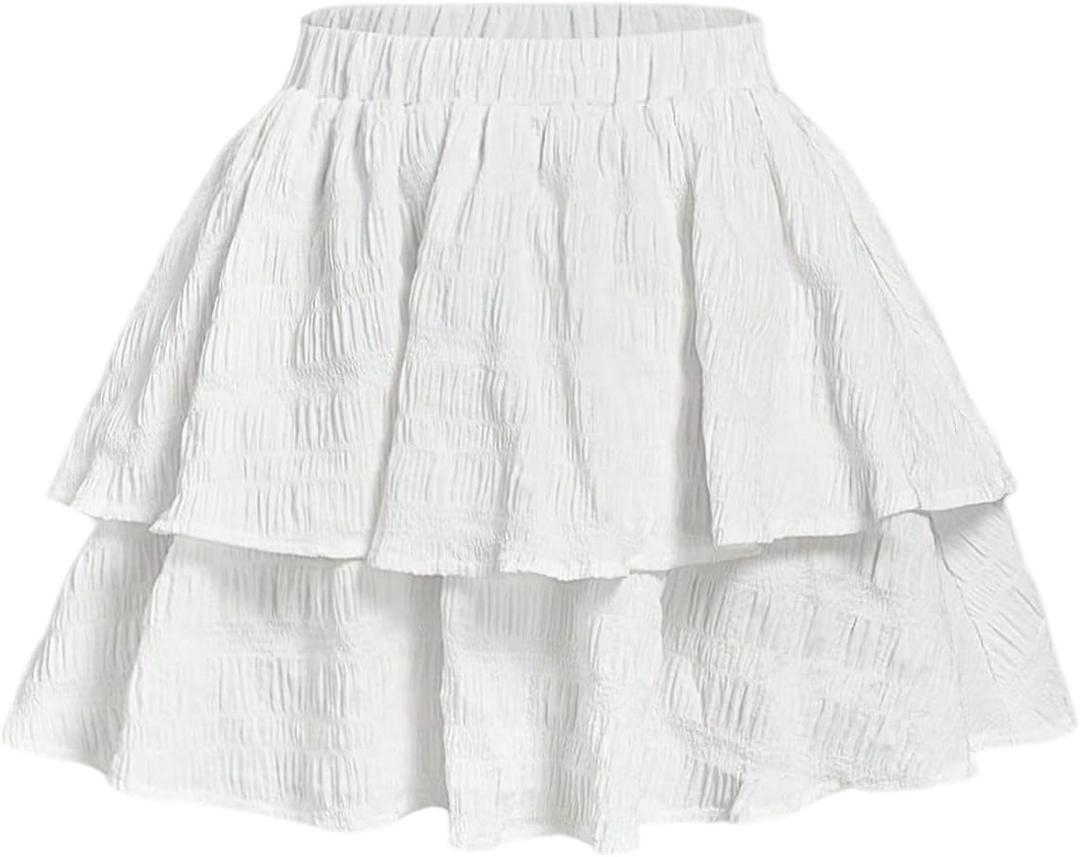 GORGLITTER Women's Layered Y2k Ruffle Mini Skirt A Line Flowy High Waisted Tiered Cute Skater Skirts (White)
