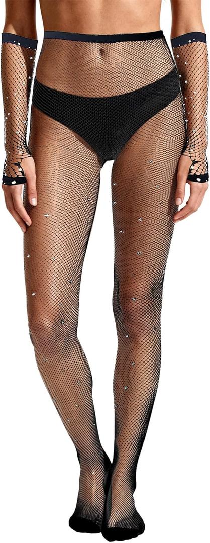 Women's Fishnet Stockings - High Waisted Mesh Tights with Sexy Sheer Fishnet Spiderweb Gloves Set (Black)