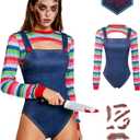 Halloween 4 Pcs Costume Set for Women Rainbow Stripe Long Sleeve Shirt and Shorts Set (Small, Blue)
