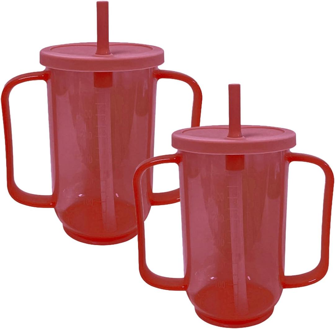 2 Pack Adult Sippy Cups for Elderly 2 Handles Straw Cups 12oz No Spill Cups for Adults Dysphagia Cups for Disabled Patients Limited Mobility, Red