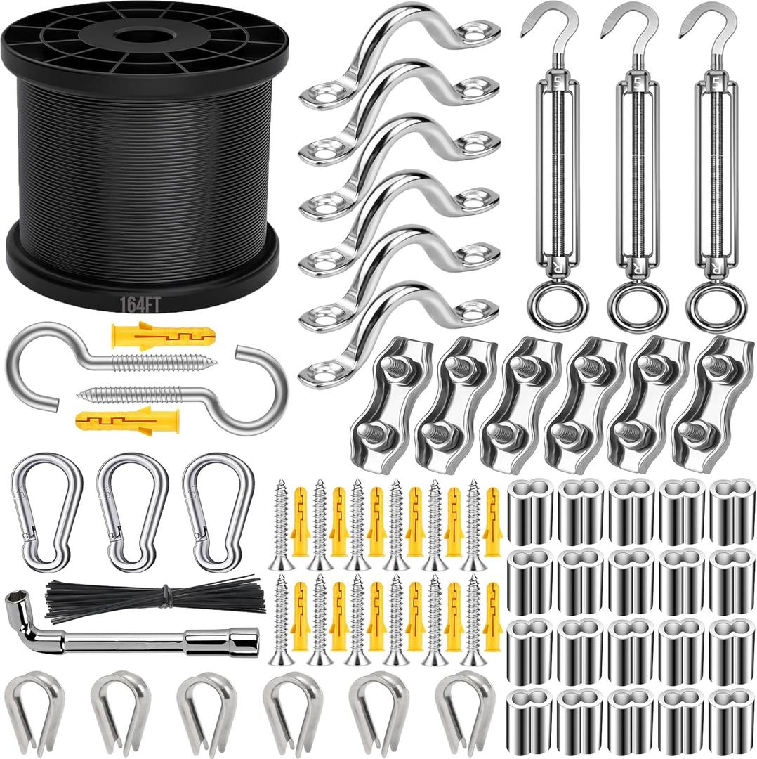 165FT String Light Hanging Kit,304 Stainless Steel Cable Kit - Heavy Duty 480LB Capacity, Adjustable Turnbuckles & Complete Accessories for Clothesline, Garden Rigging (Black)