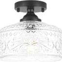 Small Semi Flush Mount Ceiling Light Fixture, Vintage Matte Black Close to Ceiling Lighting with Etched Glass Shade for Hallway, Kitchen, Entryway (Retro Design, Easy Install) (9.45in)