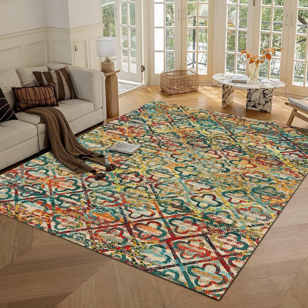 Washable Area Rugs, 5' x 7' - 1/6 Thick - Stain & Water Resistant Non-Slip - Perfect Resistant Rug for Living Room, Bedroom, Nursery, Pet & Child Friendly, Vibrant Colors Rugs, Multicolor