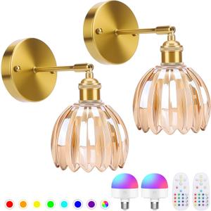 Battery Operated Wall Sconce with Remote, Vintage Rechargeable Wall Sconces Set of Two, Dimmable RGB Bulbs Amber Tulip Glass Wireless Wall Lights for Bedroom Living Room Sconces Wall Decor Set of 2