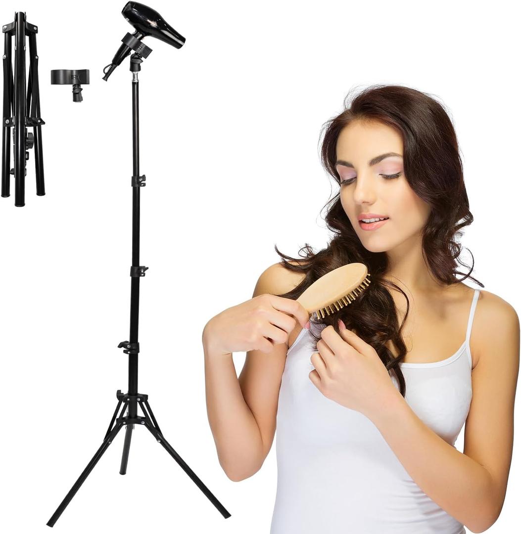 Hair Dryer Stand - 64.5 inch Height Adjustable Hands-Free Lazy Blow Dryer Holder with 180 Degrees Rotatable Larger Clamp Non-Slip Tripod, for Bathroom, Vanity, Makeup Room Floor or Countertop Pet Salon
