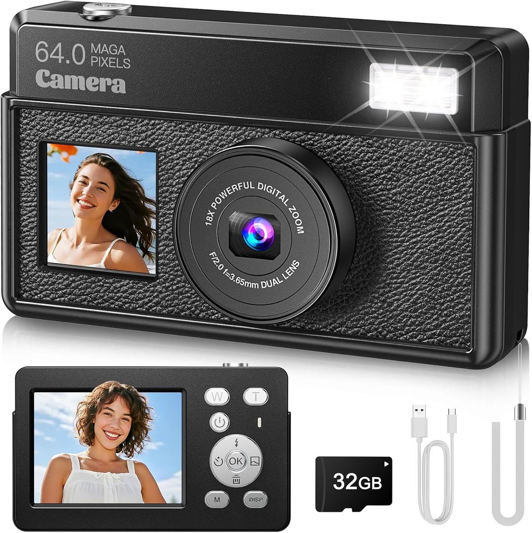 4K Digital Cameras for Photography, 64MP UHD Autofocus Compact Camera with 32GB SD Card, 2.8" Large Screen and 18X Digital Zoom, Portable Mini Video Camera, Suitable for Kids,Adult,Beginners