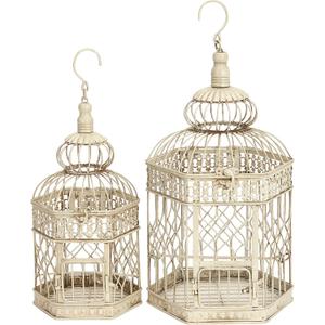 Deco 79 Metal Scroll Birdcage Distressed Wire with Latch Lock Closure and Hanging Hook, Set of 2 21", 18"H, Cream