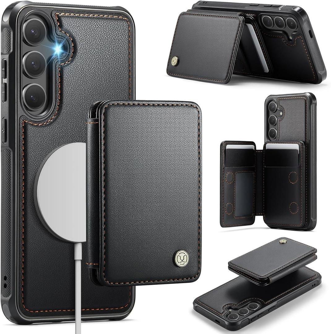 Compatible with Magsafe for Samsung Galaxy S25 Plus Wallet Case Magnetic Card Holder, RFID Blocking 2 in 1 Detachable Kickstand Shockproof Case for Women Men, Black