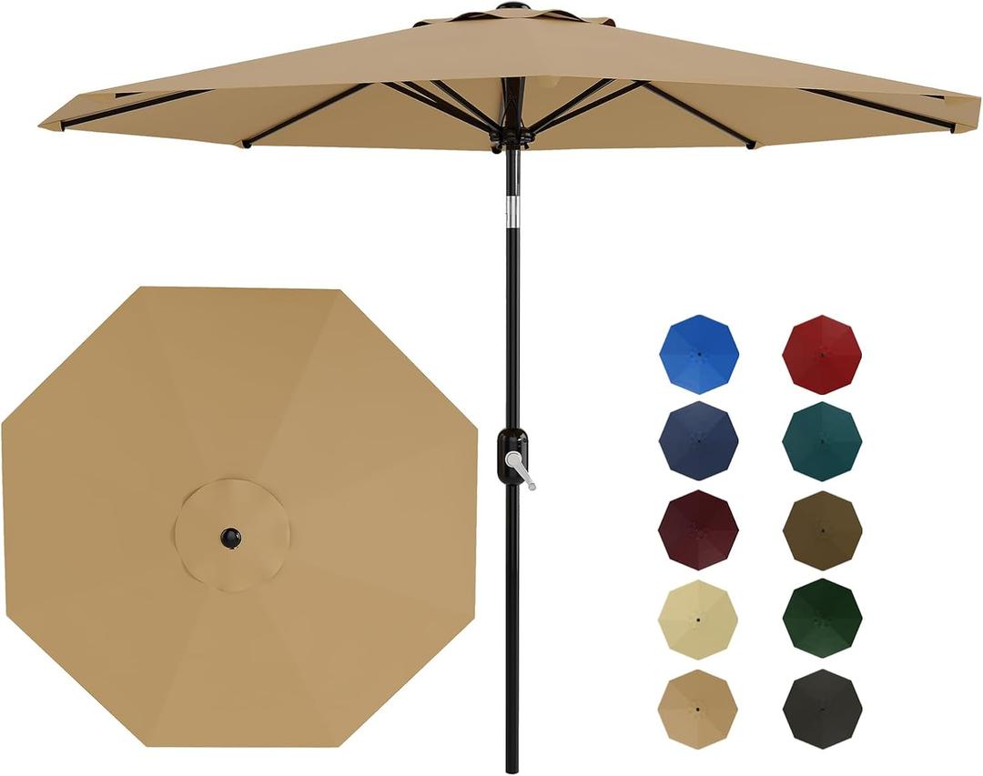 9Ft Patio Umbrella - 8 Sturdy Ribs Outdoor Table Umbrella with Crank Lift & Push Button Tilt - Market Umbrella for Pool, Deck, Yard, Garden - Tan
