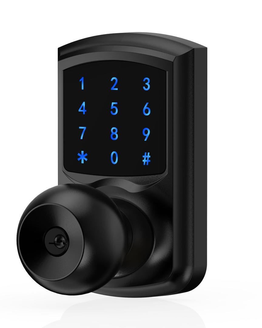 Hidalife Keyless Entry Door Knob with Code, Digital Door Lock with Keypad, Touchscreen Keypad Door Lock with Handle for Front Door Bedroom Home, Auto-Lock, Matte Black