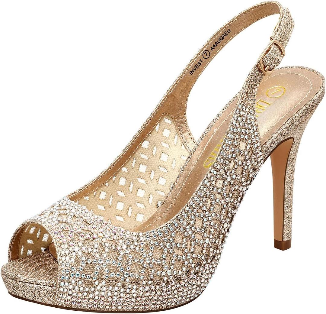 DREAM PAIRS Women's High Heels Platform Dress Rhinestones Peep Toe Pumps Shoes (8.5, Gold/Glitter)